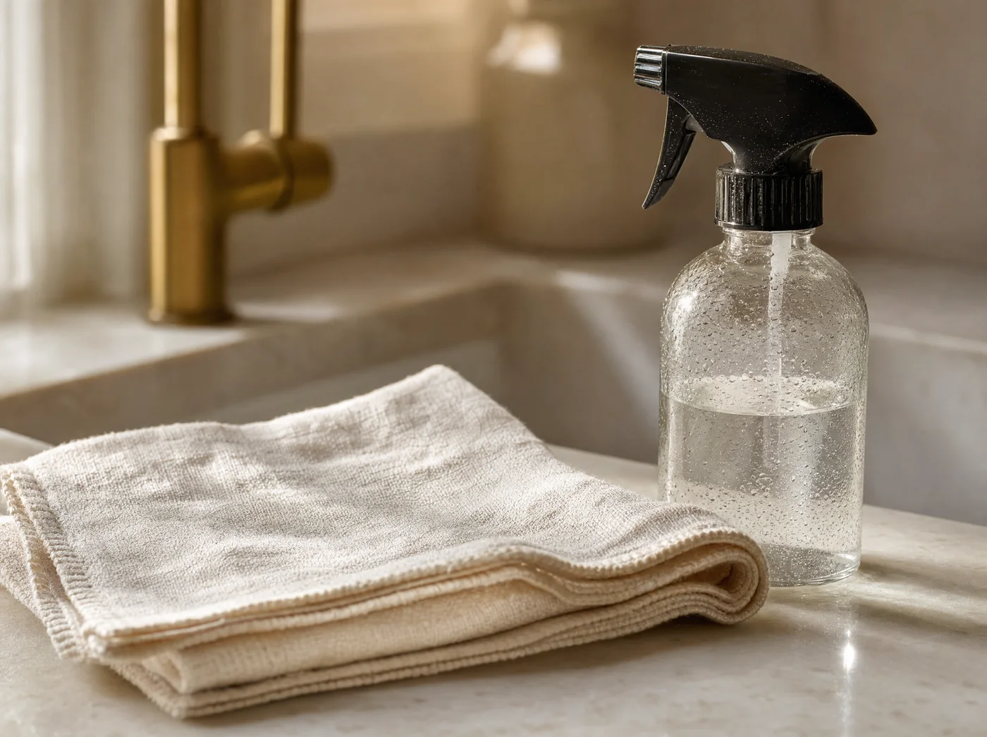 Illustrative linen cloth and clear cleaning bottle on a sunlit kitchen counter