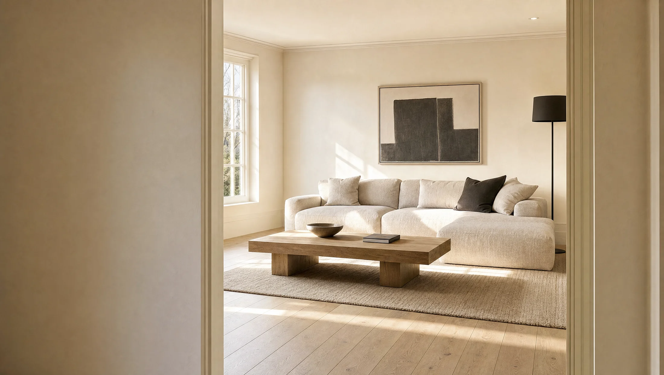 Illustrative sunlit room with ivory furniture and warm oak flooring